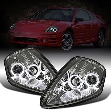 Ronnin - Fits 2000-2005 Mitsubishi Eclipse Upgraded LED Dual Halo Rims Running Lights Projector Headlights Assembly Pair | Smoke