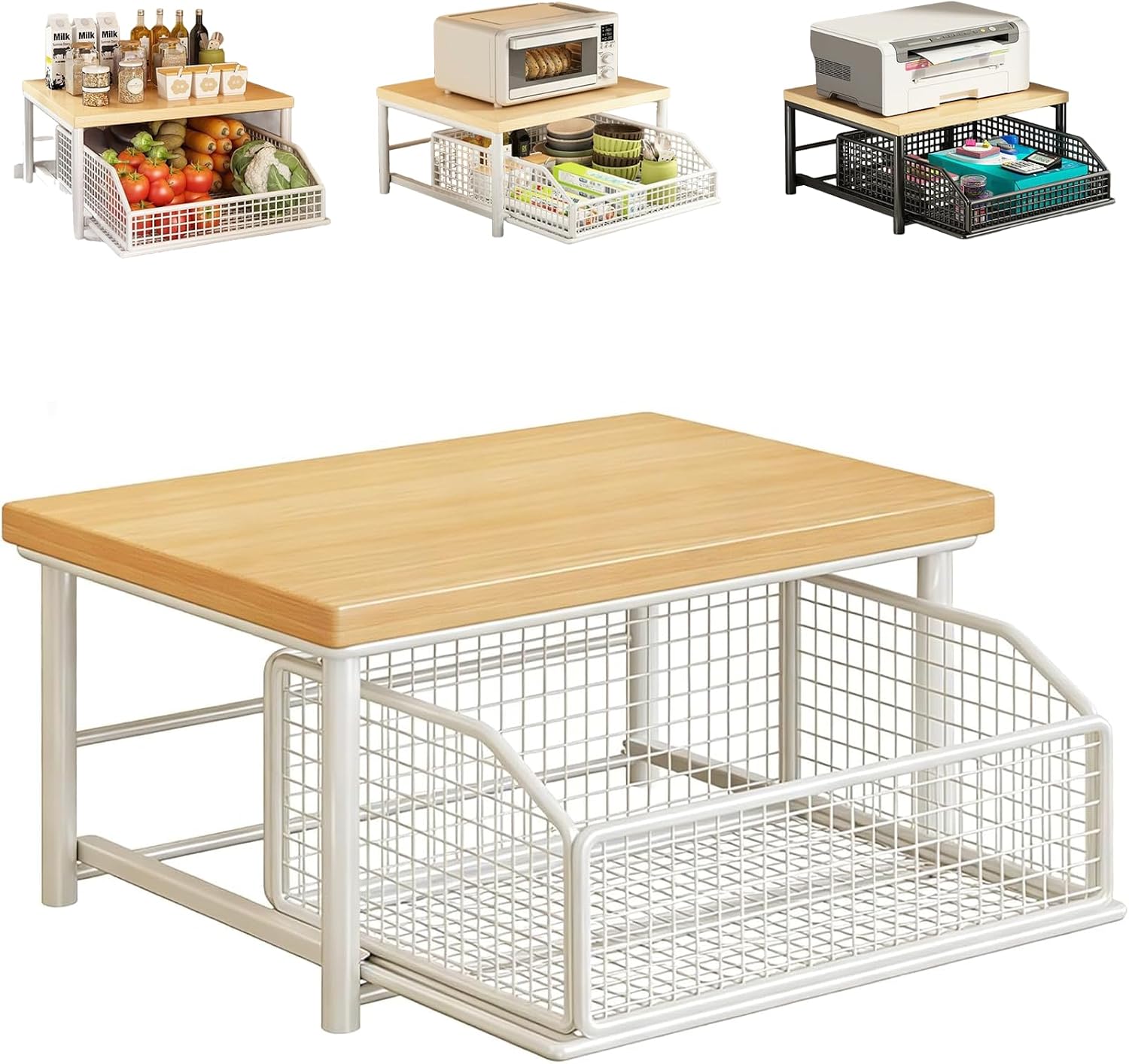 Kitchen Countertop Organizer, Kitchen Countertop Organizer with Drawer & Wire Basket, Sturdy Hardwood Shelf, Space-Saving, for Storage in Family Tables, Kitchens, Bedroom Home Organization (black)