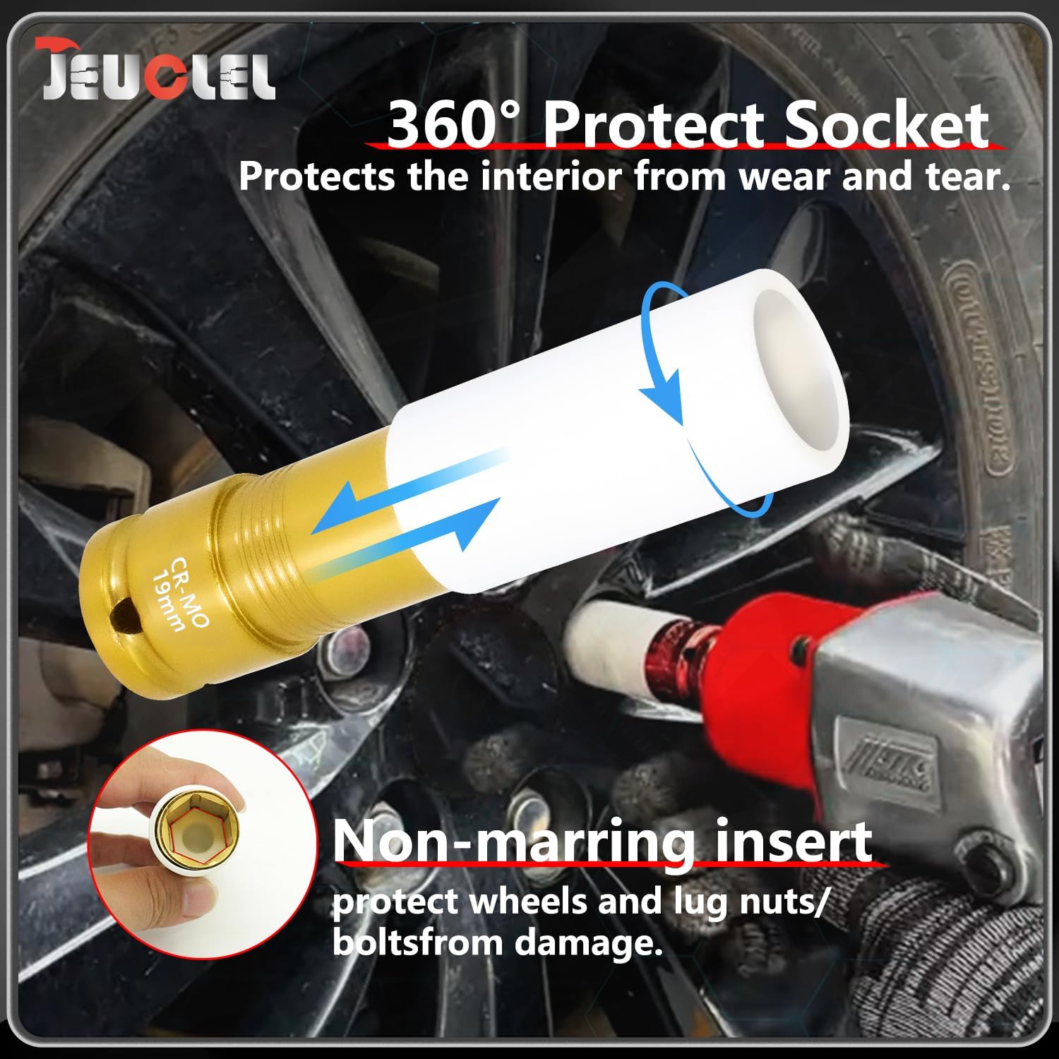 9PCS 1/2" Dr Wheel Protector Impact Socket & Lug Nut Socket Set, 17, 19, 21, 22mm Lug Nut Remover Extractor Tools, 6 Point Non-Marring Lug Nut Thin Wall Deep Socket Wrench, Twist Socket CR-MO