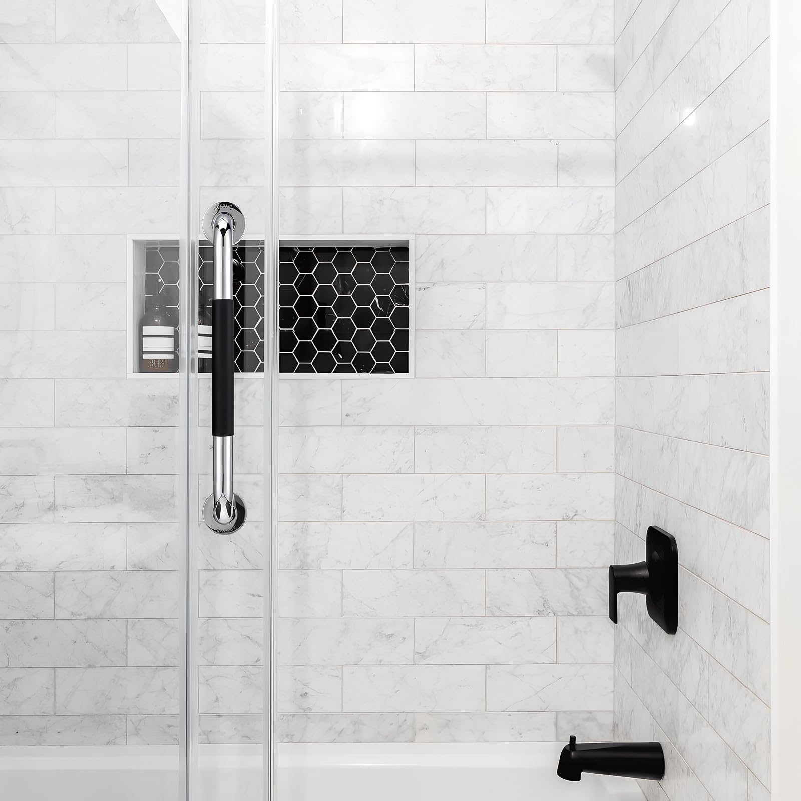 2 Pezzi Maniglioni Bagno Neri in Acciaio Inox 304 per Doccia | Superficie in Silicone, Stile Moderno, Installazione Sicura e Robusta