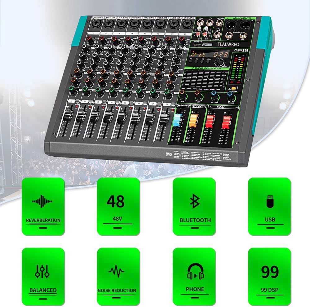 DSP256 Professional Audio Mixer Console, 8-Channel with USB Interface, 256 DSP Effects, 7-Band EQ, LED Display, Phantom Power
