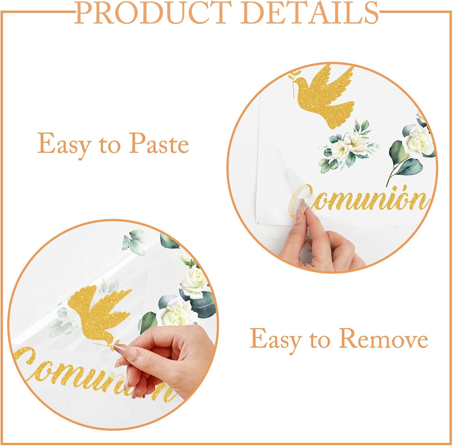 First Communion Decorations, Mi Primera Comunion Floral Cross Backdrop Stickers 4 Sheets 12" x 12", Gold Dove Wall Lettering Decals for Party Backdrop Board