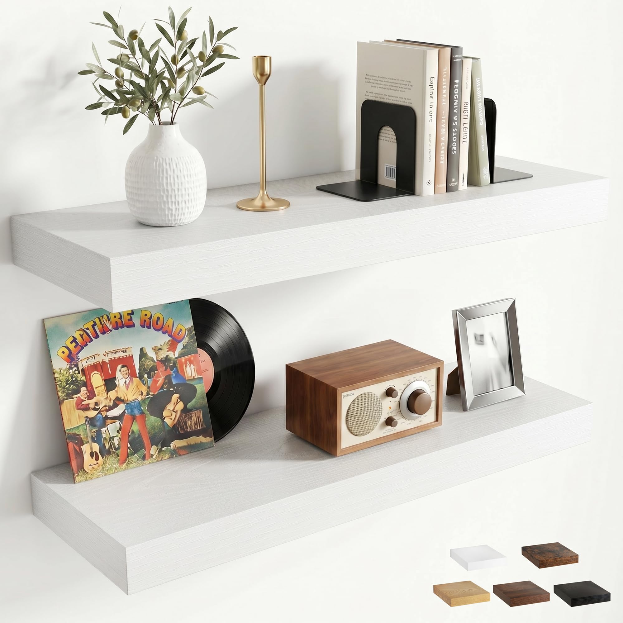 Furnbuty Floating Shelves Pack of 2, 60cm Wall Shelves White Floating Shelf with Robust Iron Assembly, Deep 19.5cm Wall Shelf for Kitchen, Bedroom, Living Room, Bathroom, Office Organizer, Wall Décor