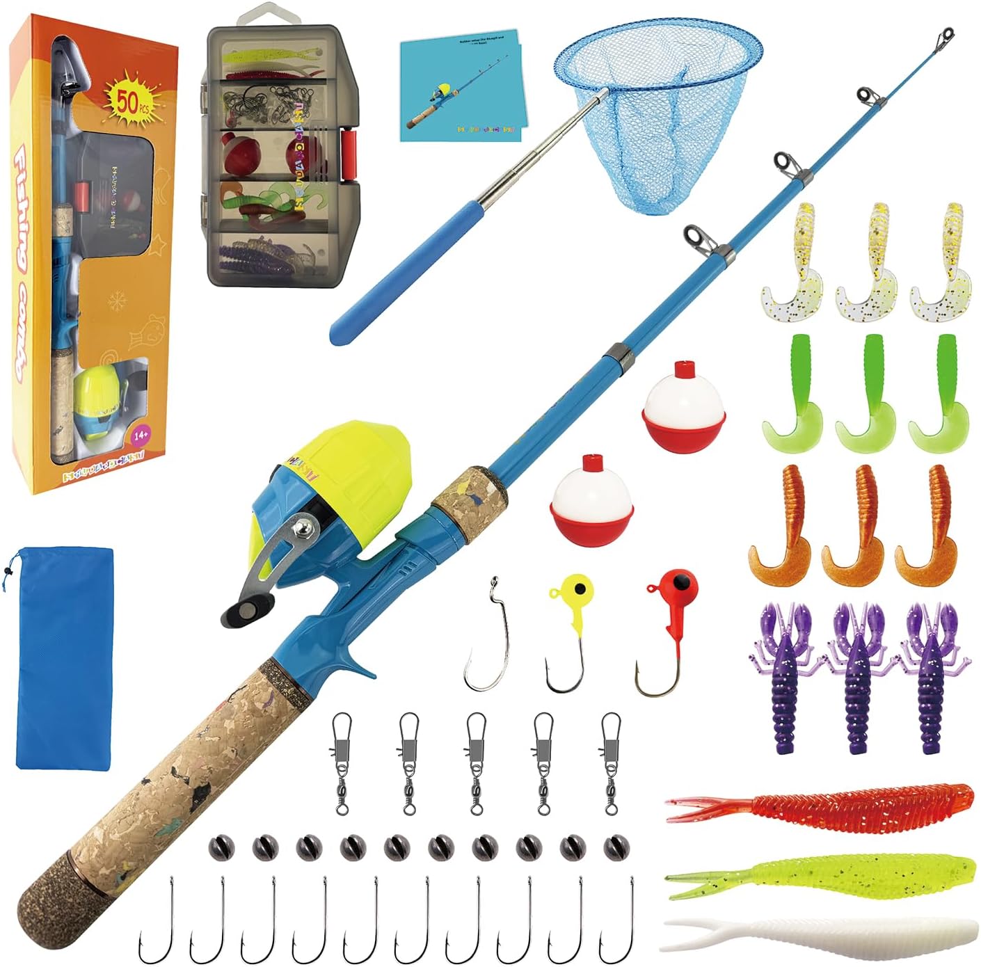 Kids Fishing Pole Set, Kids Fishing Rod and Reel Combo and Fishing Net Tackle Box with Lures Hooks and Bag for Boys Girls Youth Fishing