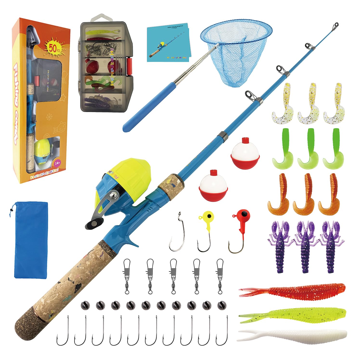 SHUDAROCAST Kids Fishing Pole Set, Kids Fishing Rod and Reel Combo and Fishing Net Tackle Box with Lures Hooks and Bag for Boys Girls Youth Fishing
