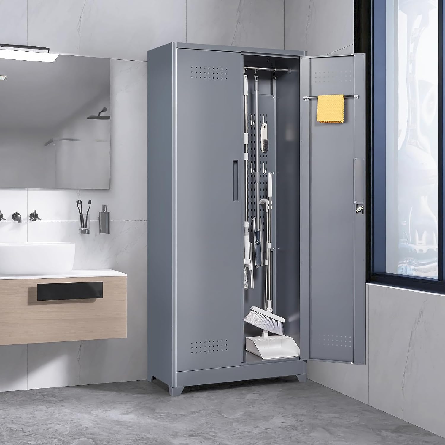 GREATMEET Metal Garage Storage Cabinet with Lock, Metal Wall Cabinets for Garage, Wall Mount Cabinet, Upper Cabinets Wall Mounted, Utility Cabinet with Adjustable Shelf, Black