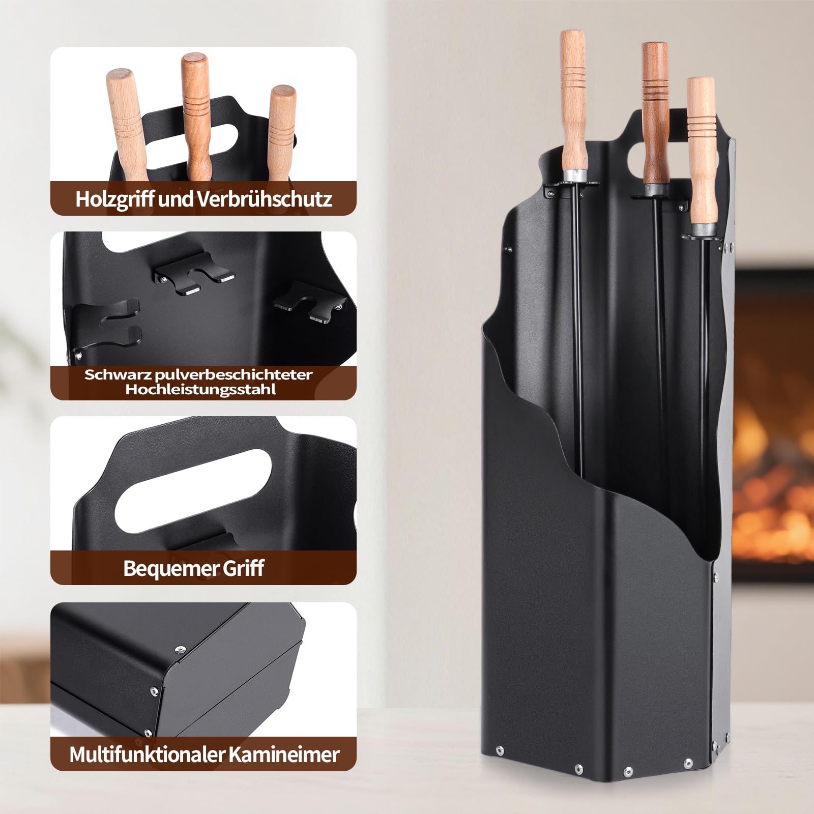Kaminbesteck, 4-teilige Ofenbesteck Kaminbesteck,Kamingarnitur mit Schaufel, Besen, Schürhaken & Halter, Ofenbesteck modern,langlebiges Kaminwerkzeug-Set