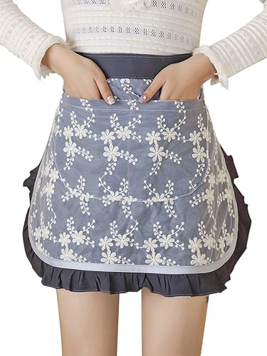 Delantales de chef unisex blanco retro algodón criada corto 2 bolsillos cintura camarera mitad delantal