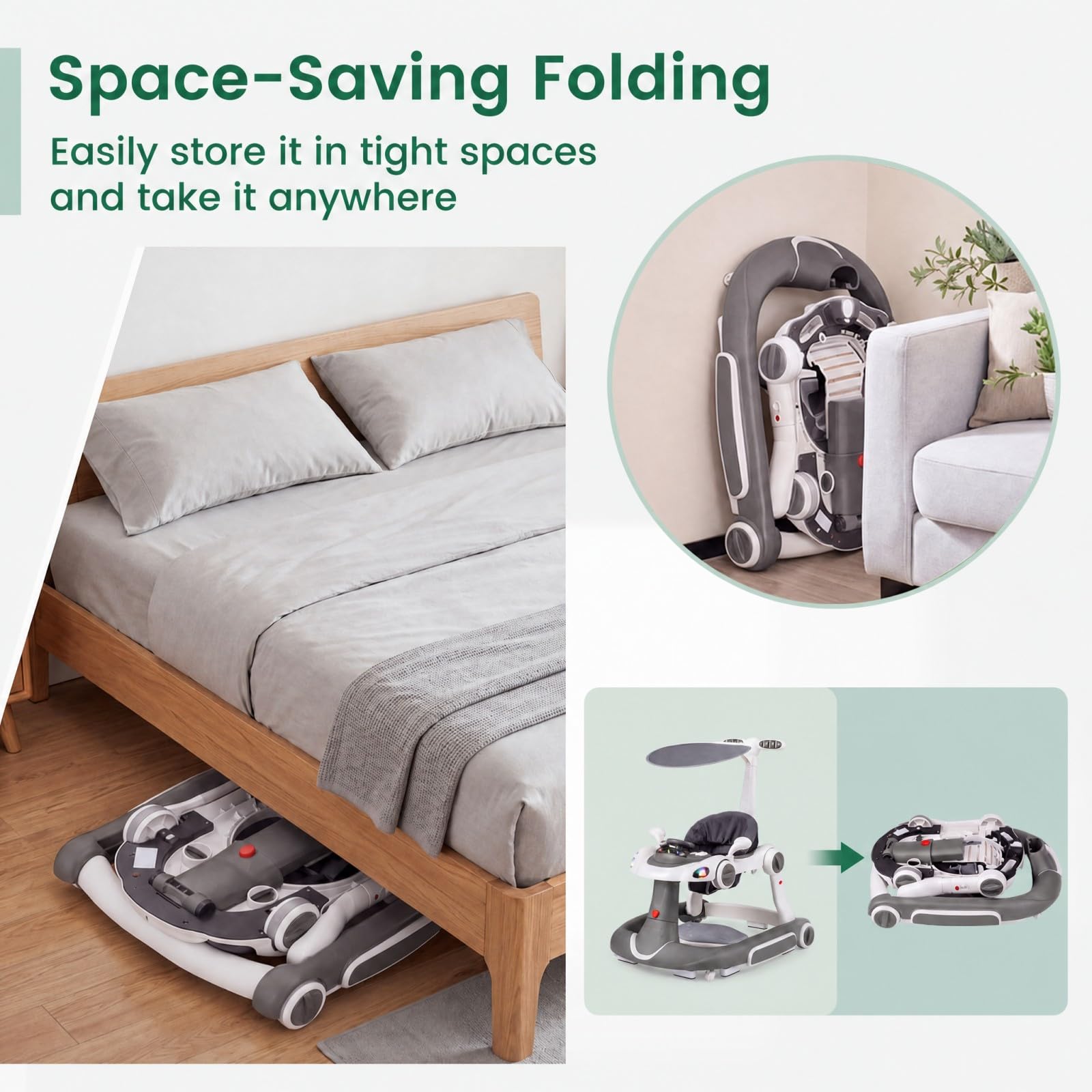 GIANTEX Andador para Bebés Plegable 7 en 1 con Capota (Gris+Blanco) | Tacatá Plegable con Velocidad y Altura Ajustables, Centro de Actividades con Música y Luces para Bebés de 7 a 18 Meses