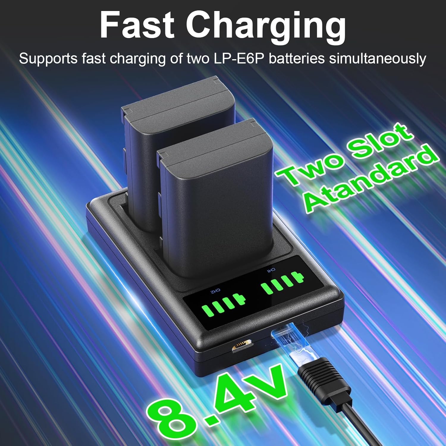 2 Pack LP-E6P Rechargeable Battery for Canon Digital Camera,Charger Dock with 7.4V 2400mAh Battery Compatible with Canon EOS 5D Mark II/III、5DS/5DS R、6D、6D Mark II (E6P)