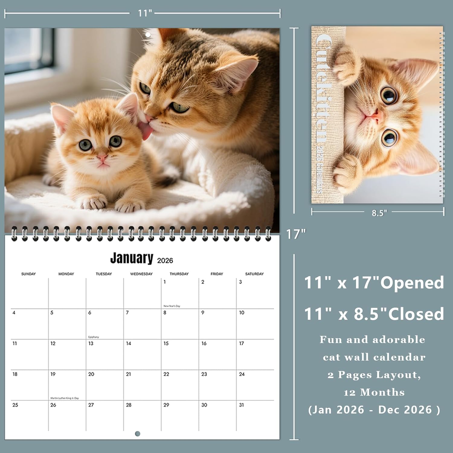 2026 wall calendar,calendar 2026, january 2026 - december 2026, wall calendar cat kitten, 11" x 17" opened,full page months thick & sturdy paper for calendar organizing & planning