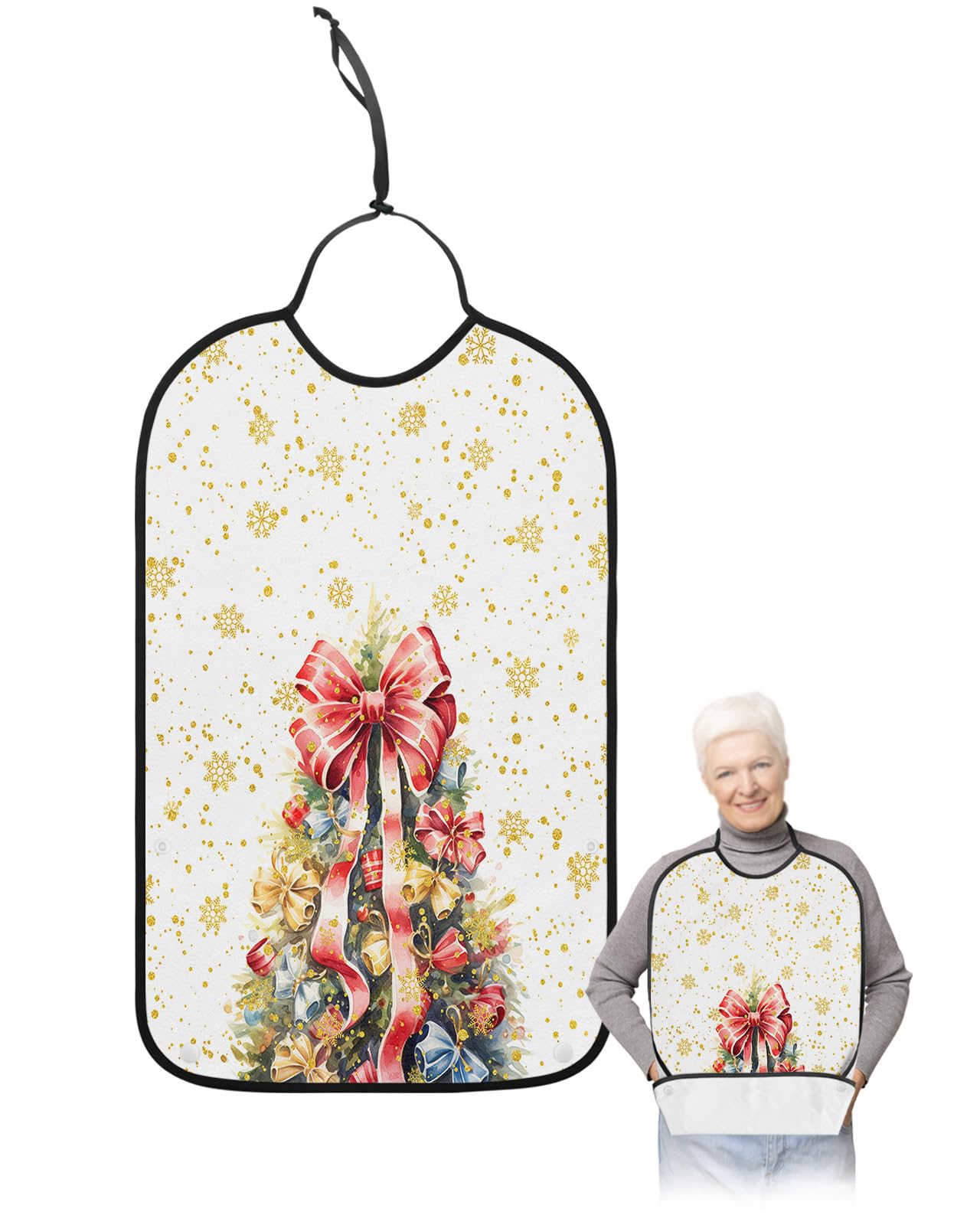 Kewadony Adult Bibs for Elderly Women - Red Bow-Knot Christmas Waterproof Dining Clothing Protectors with Crumb Catcher for Eating/Feeding, Xmas Tree Winter Snowflake Terry Cloth Bib Machine Washable