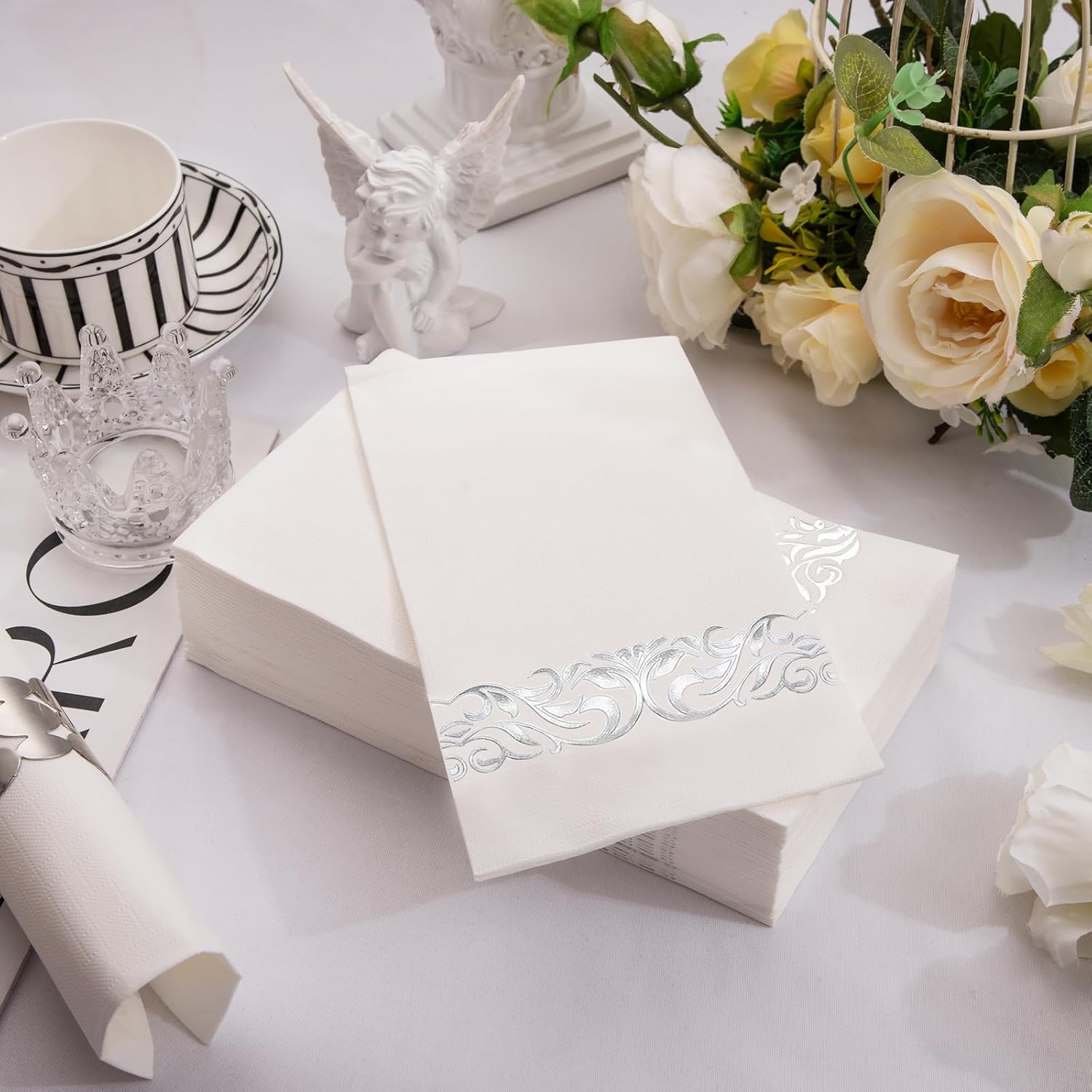 300 Pieces Silver Plastic Silverware Plastic Silverware Heavy Duty - 100 Forks 100 Knives 100 Spoons - Disposable Silver Plastic Cutlery 150Pack Silver Napkins Paper Disposable -150Pack Silver Napkin