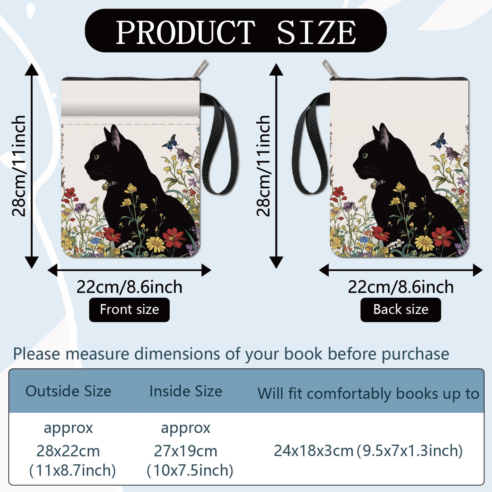 CRASPIRE Black Cat Book Covers Flower Book Protector Animal Book Sleeve for Paperbacks Washable Fabric Cloth Book Cover with Zipper and Extra Sleeve Pocket for Book Lovers Classmate Gifts - Image 2