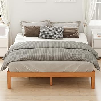 DUMOS Full Size Bed Frame, Solid Wooden 12IN Platform Bed Base with Sturdy Wood Slat Support, Noise-Free Design, No Box Spring Needed, Easy Assembly, Natural Pine