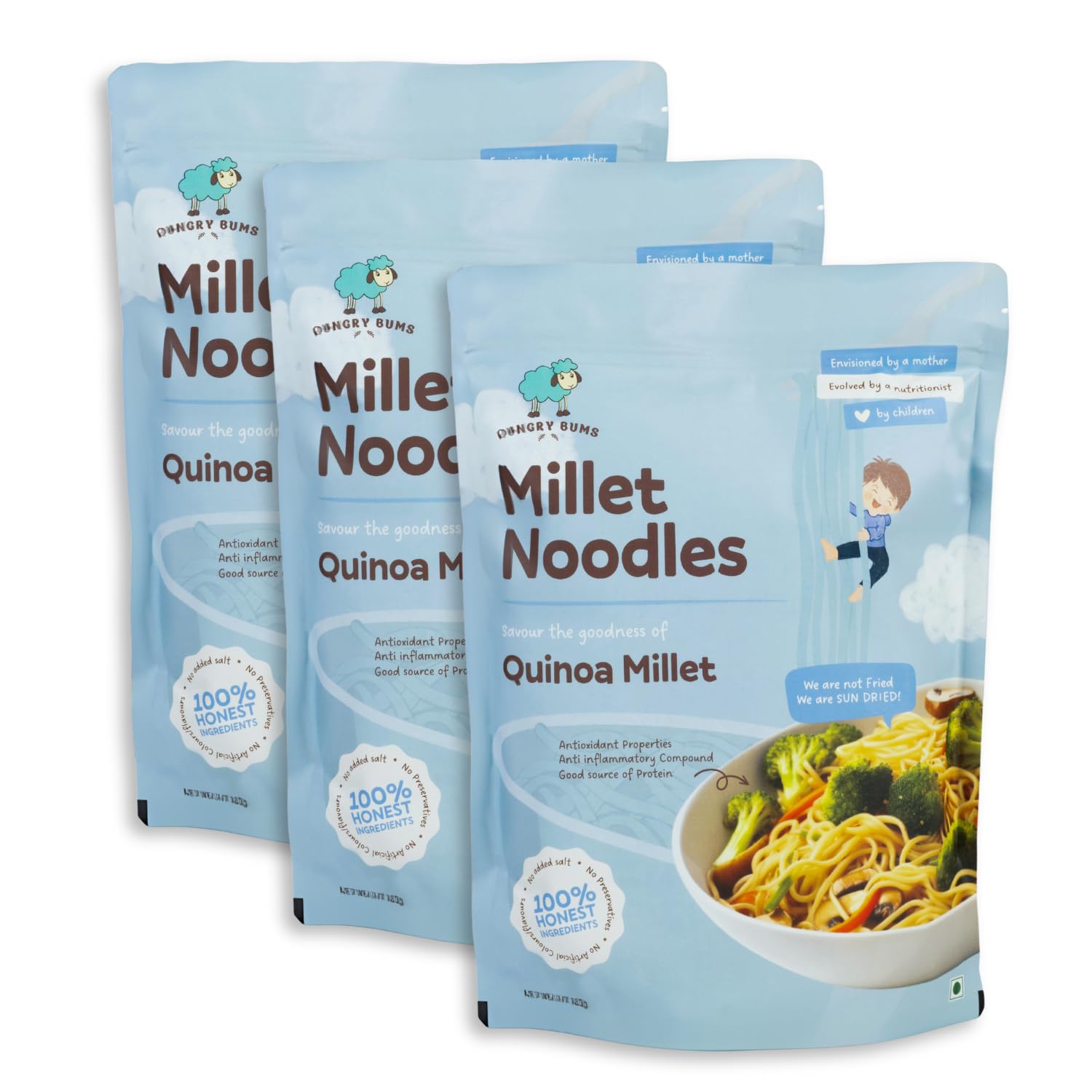 Hungrybums Quinoa Noodles - Pack of 3 (180gm each) | 100% Sun Dried, Non-Fried Vegan Noodles | High in Protein, Fiber, Minerals and Antioxidant | Low GI | No Maida, No MSG, No Preservatives