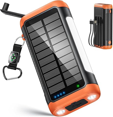 Solar Power Bank Portable Charger 66800mAh with Built-in Cables, Hand Crank, 22.
