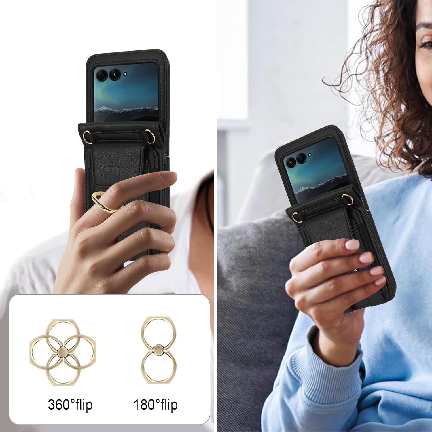 Asuwish Phone Case for Moto Razr 50/Moto Razr 2024 Wallet Cover with Ring and Crossbody Wrist Strap Lanyard Credit Card Holder Slot Stand Cell Leather Purse INE-LX1 Razor Razer Women Men Girls Black