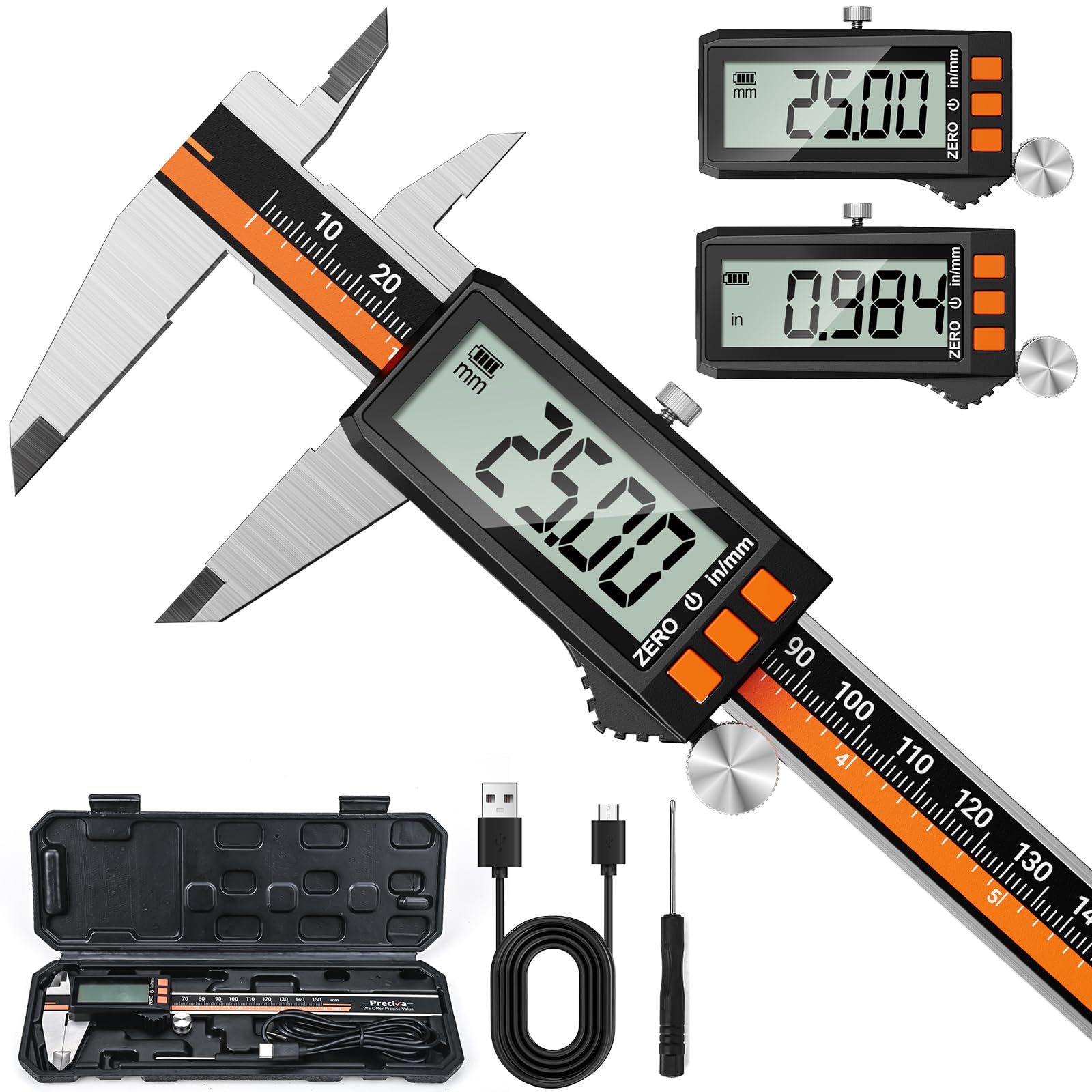 Calibre Digital 150 MM Recargable por USB Type-C IP54, Calibre Pie de Rey con Pantalla LCD Grande, Calibre Vernier Digital Acero Inoxidable 0-150 MM/6", Medidor Precisión Profesional