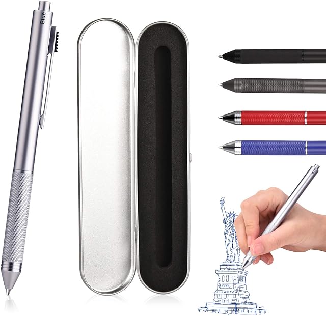 smttw 4-in-1 Multicolour Pen-Multi Color Pen in One-Mechanical Pens- Metal Cased Multifunction Pen - Black Ball Pen, Blue Ball Pen, Red Ball Pen and 0.5mm Mechanical Pencil (Silver) Cool Pen Gift