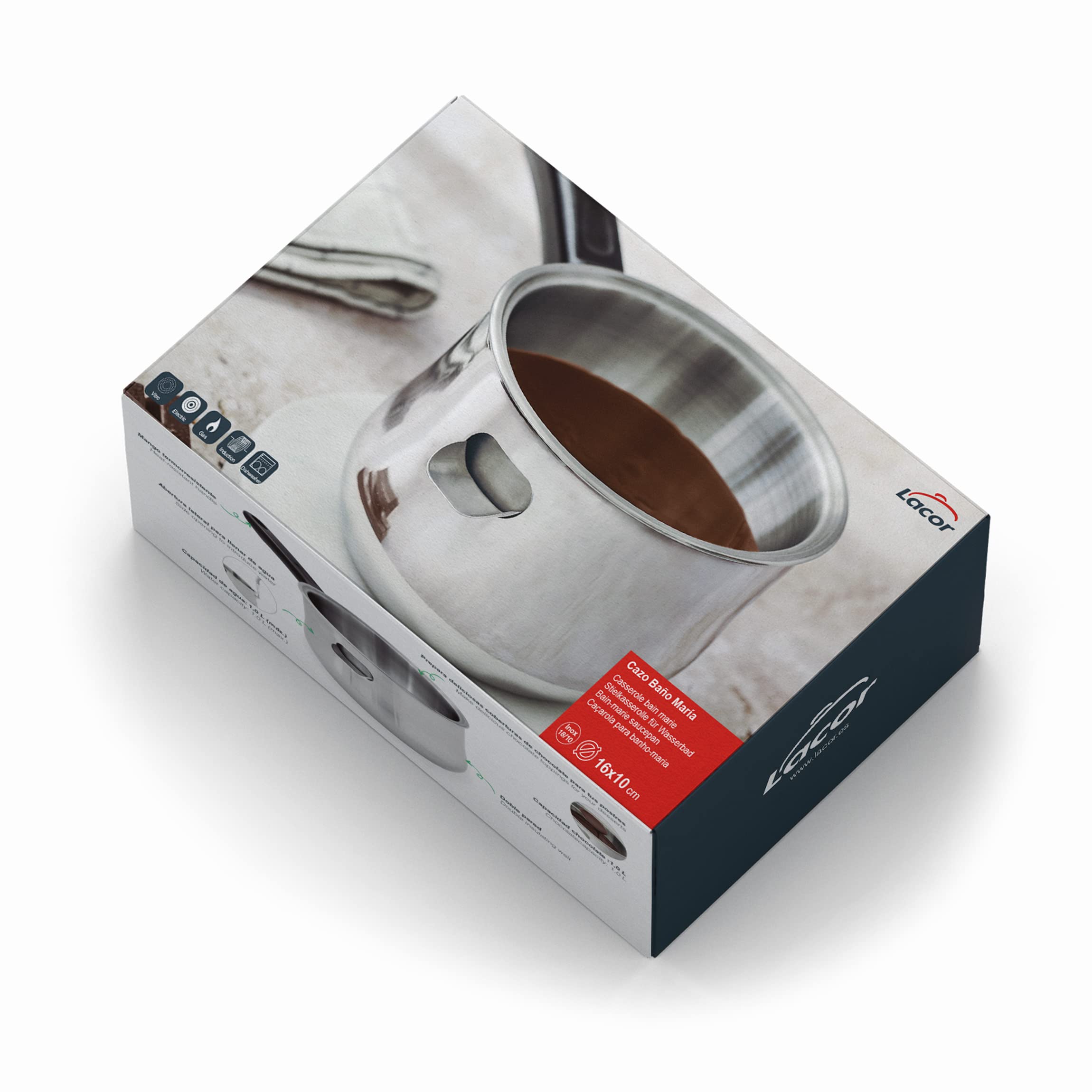 Lacor Vaso per Bagno, Secchio in Acciaio Inox 18 e 10, Manico Resistente al Calore, Apertura Laterale per Acqua, Adatto a Tutti i Fuochi Incluso Induzione, Lavabile in Lavastoviglie, 16 cm, 1 L, 62600