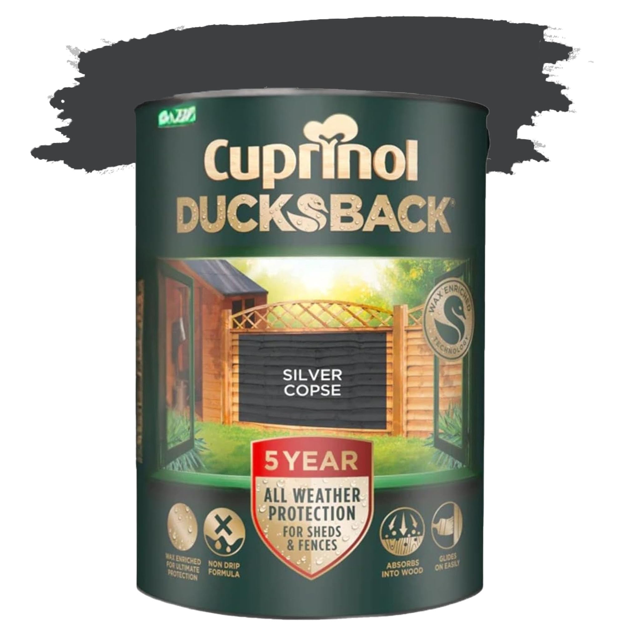 DUAYRA Ducksback Fence Paint 5L | All Weather Protection Paints | Outdoor Sheds Fence Wood Treatment | Low VOC - 10m²/L Coverage | Quick Drying Waterproof | Non Drip, Wex-Enriched | (Silver Copse)