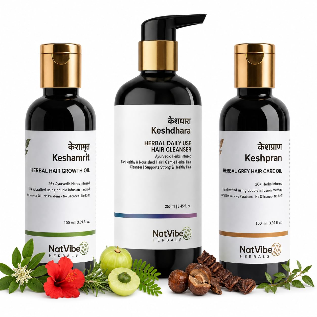 Herbal Hair Care Combo Kit, KESHAMRIT Hair Growth Oil, KESHPRAN Grey Hair Care Oil, and KESHDHARA Daily Use Hair Cleanser, 3 Items-image-3