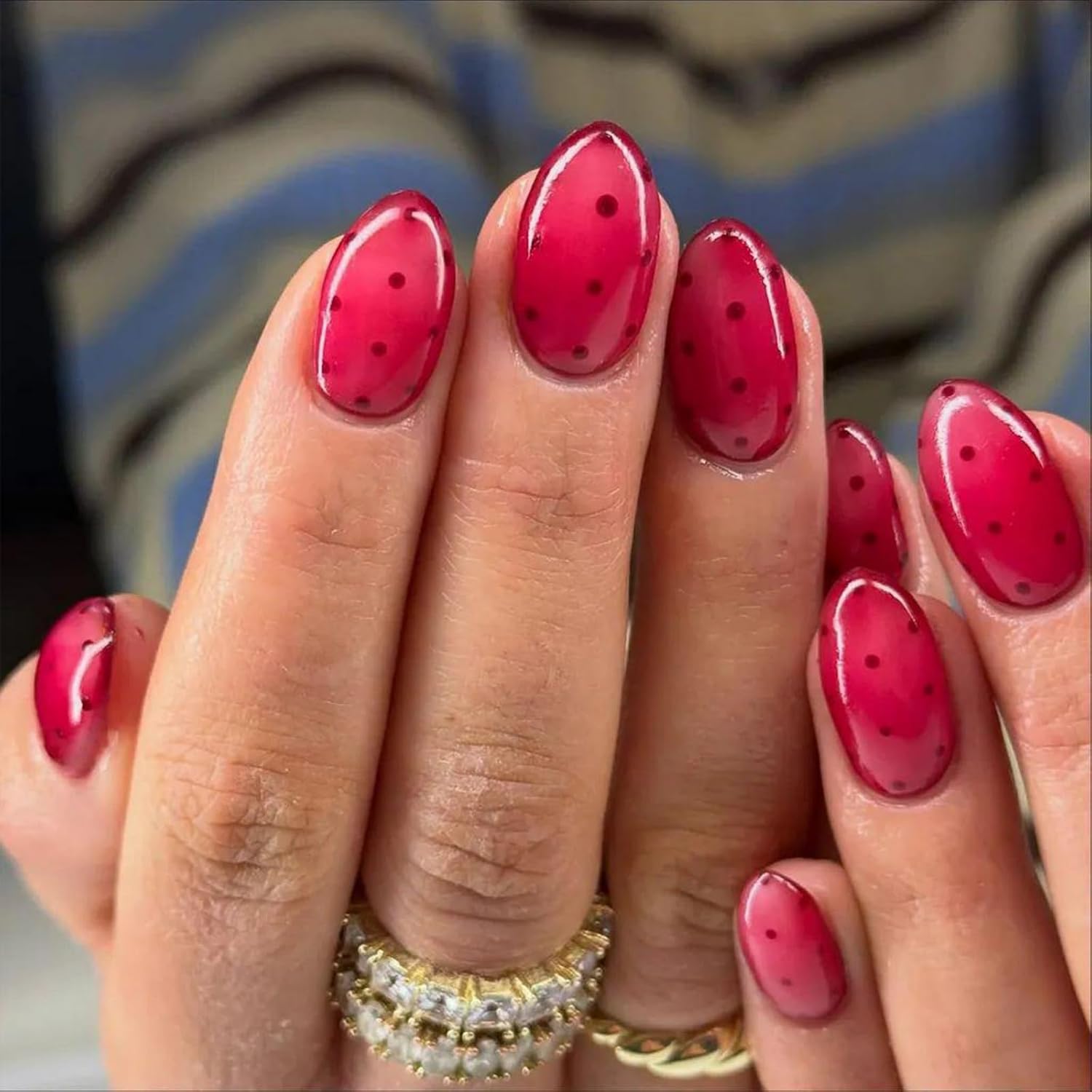 Short Almond Press on Nails Red Fake Nails Black Polka Dot Design Glossy Full Cover False Nail Cute Summer Watermalon Nail Press ons for Women Manicure 24Pcs