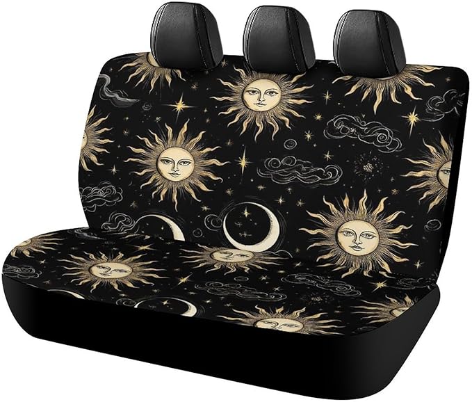 Luxury Mystical Magical Cosmic Astrology Sun Crescent Moon Stars Gold Black Art Car Seat Cover Universal Fit Cars Trucks SUVs Minivans - Dust-Free Seat Cushion Pad Mat Covers Easy Installation