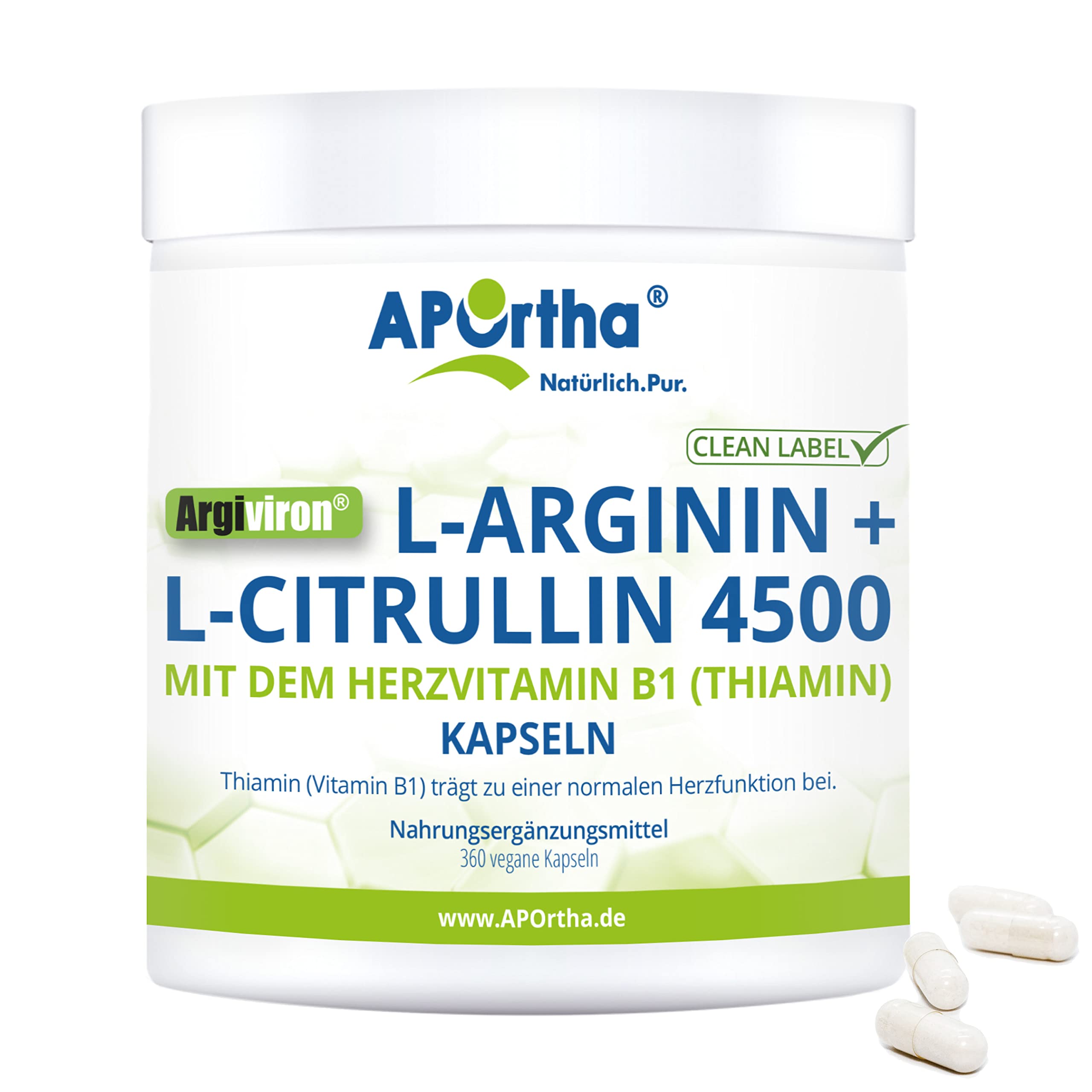 APOrtha® Argiviron® L-Arginin + L-Citrullin 4500 hochdosiert + Herzvitamin Vitamin B1, 360 vegane Kapseln, Hochdosiert im Verhältnis von 1,6 zu 1 von L-Arginin zu L-Citrullin, allergenfrei