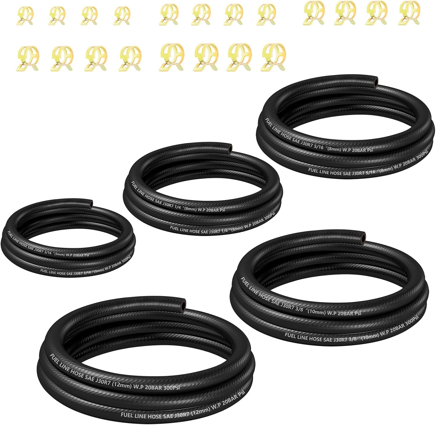 5PCS 3.28Ft Fuel Line Hose Kit,High Strength NBR Fuel Hose Kit with Gas Line Hoses ID 3/16" 5/16" 3/8" 1/2" 1/4",Universal Fuels Lines Kits Car Accessories with 20PCS Clamps