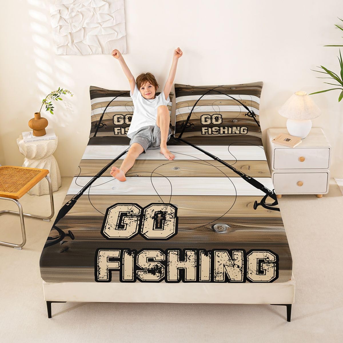 Homewish Rustykalne prześcieradła na łóżko King Fishing prześcieradło retro brązowe beżowe drewniane deski zestaw pościeli dla dzieci nastolatków dziewcząt, wędka na wędkę pokrowiec na łóżko 3 szt