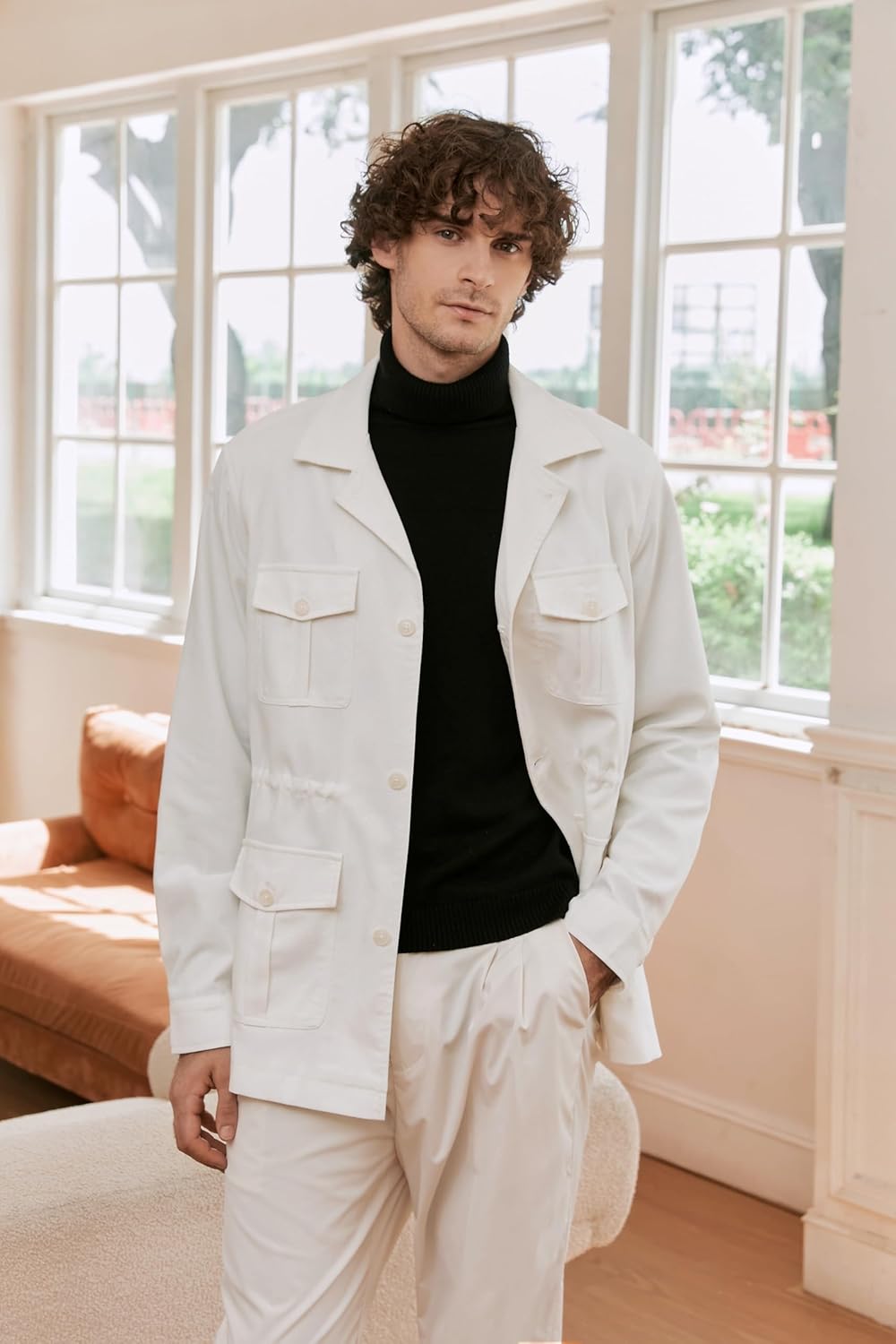 Betusline Men's Safari Linen Jacket Casual Long Sleeve Military Lightweight Cargo Jacket with Pockets - Image 2