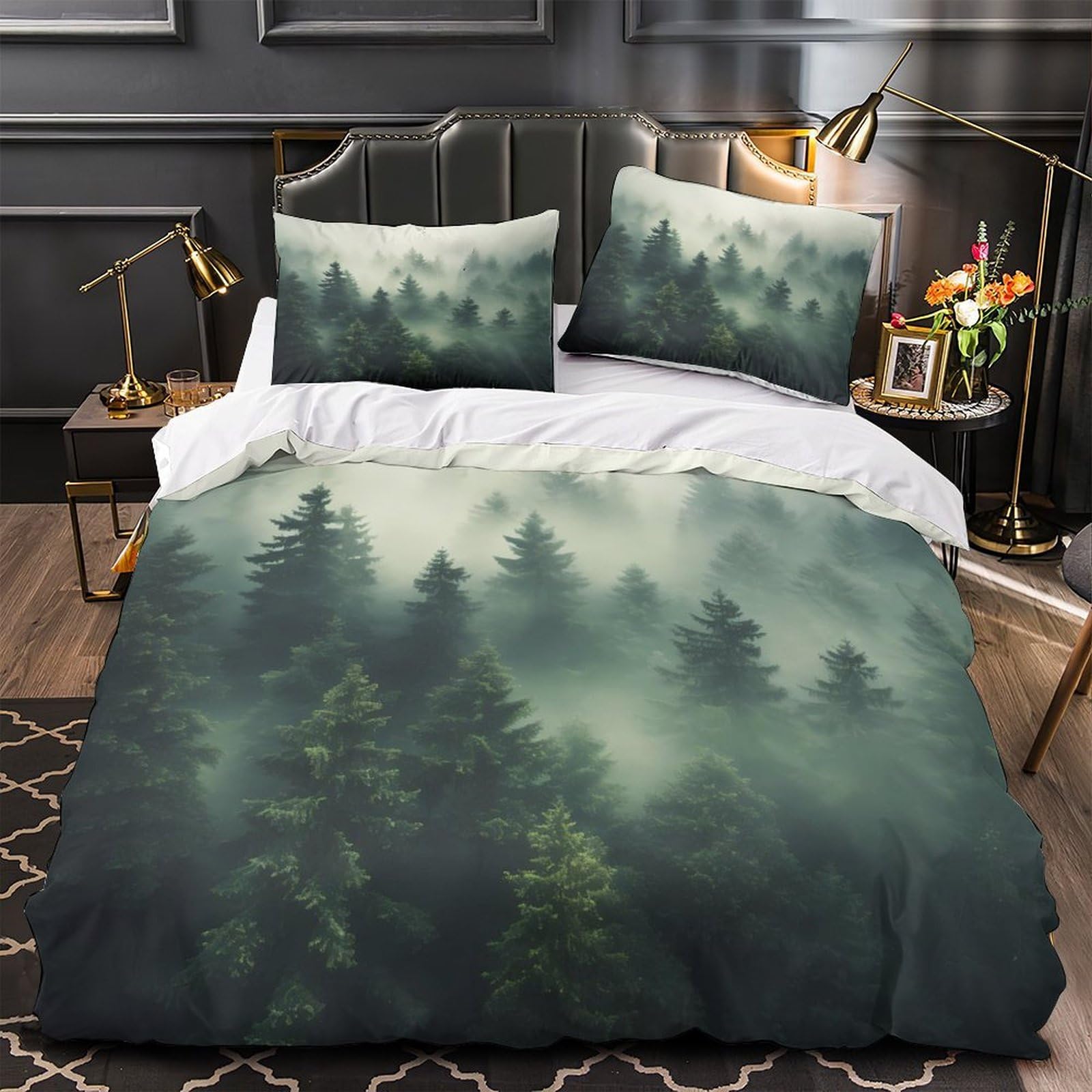Parure de lit forêt brumeuse 140x200cm avec housse de couette en microfibre et taies d'oreiller