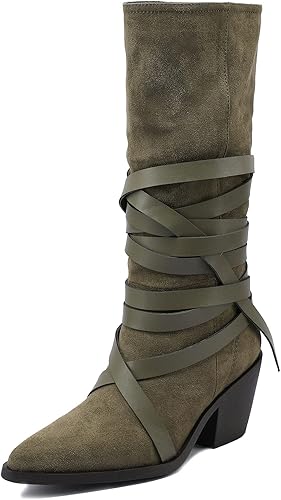 manne Botas de rodilla alta para mujer, correa extra larga envolvente, tacón de bloque de inspiración occidental de 2.76 pulgadas, zapatos diarios