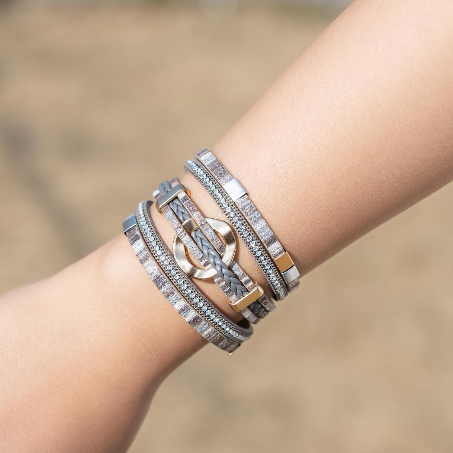 FANCY SHINY Boho Leather Wrap Bracelets Circle Square Bead Braided Handmade Stackable Bracelet Trendy Cuff Bangle for Women - Image 3