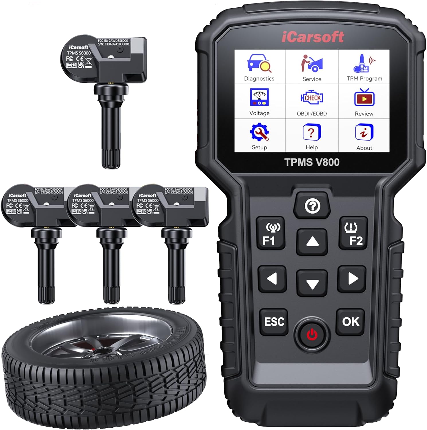 iCarsoft TPMS V800 TPMS Programming Relearn Tool with 4 Sensors -TPMS Reset/Relearn/Activate OBD2 Diagnostic Scanner, Bidirectional All System, Battery Test, AutoVIN, 9 Reset/Basic Set/Adaption