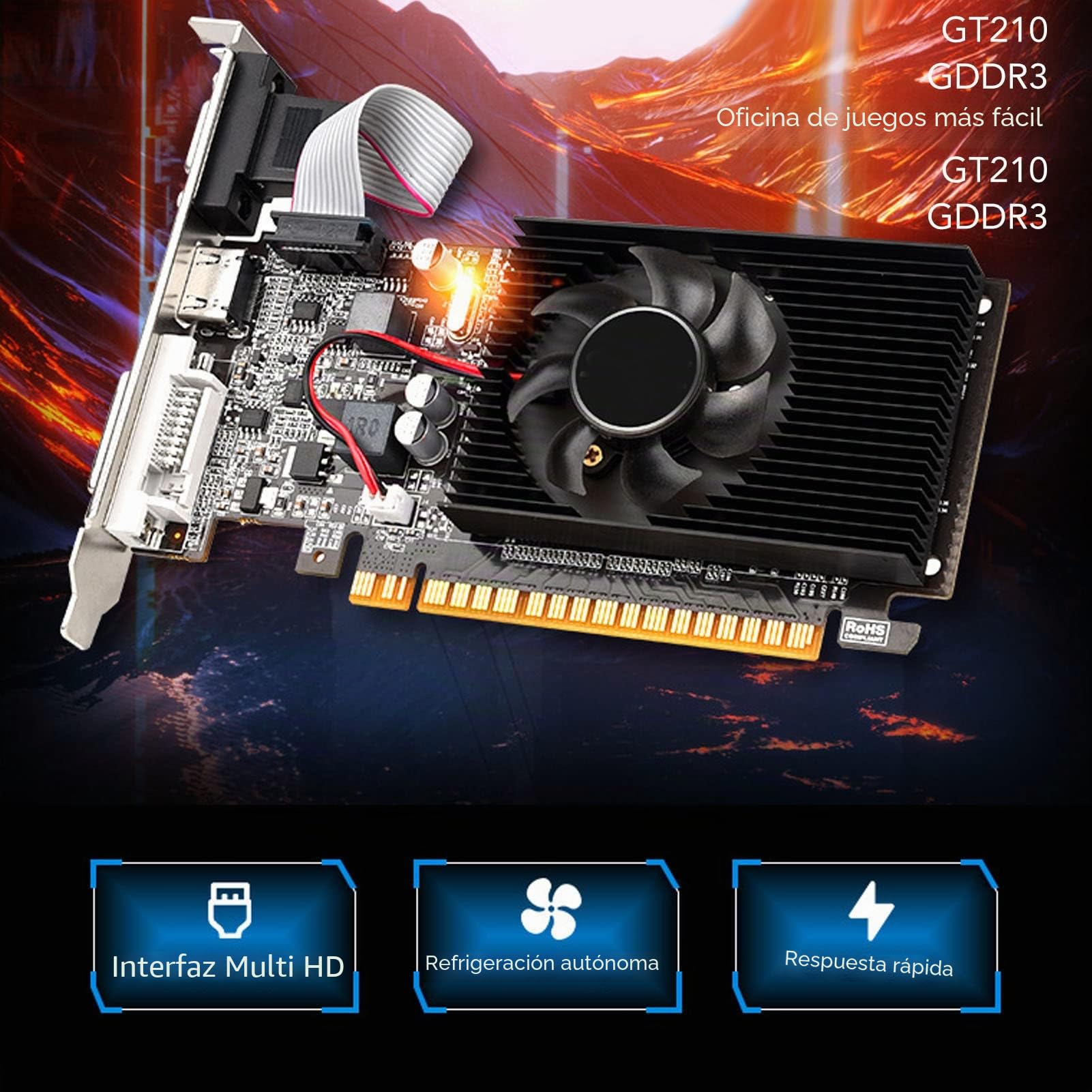 Annadue Tarjeta Gráfica 1G DDR3 con Ventilador de Refrigeración, Tarjeta Gráfica de Oficina DDR3 de 64 bits con Puerto HDMI DVI VGA, PCIE 2.0, Compatible con DirectX10.1, Tarjeta
