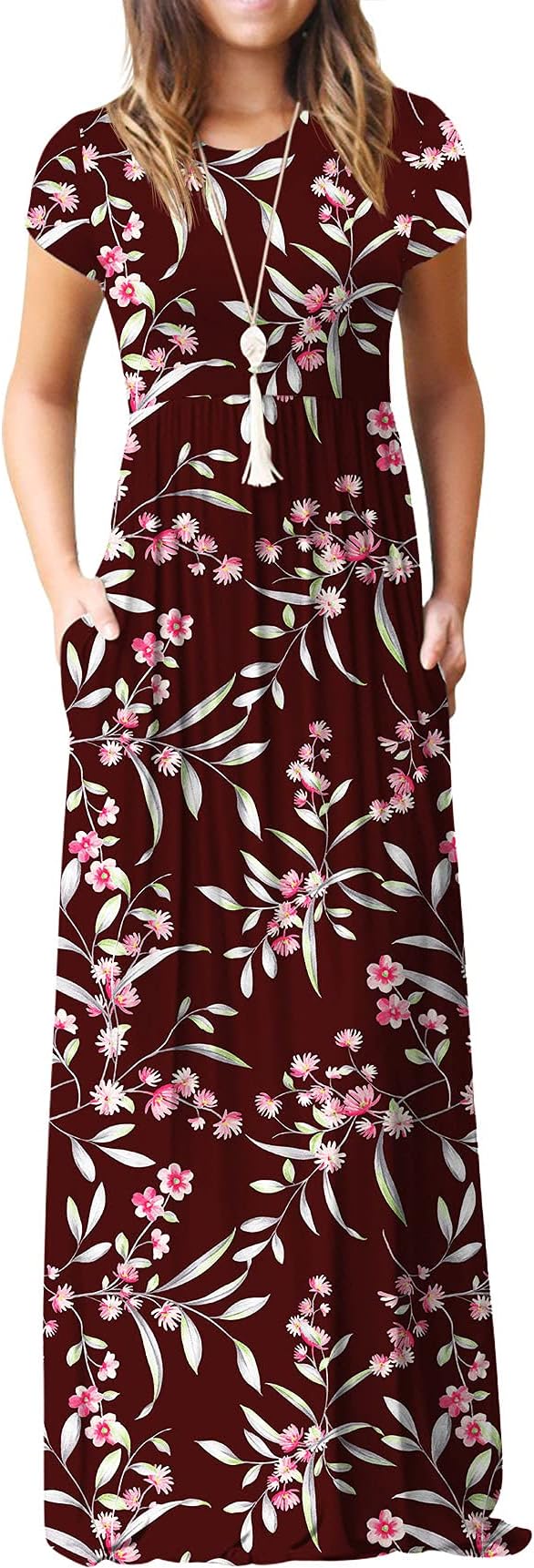 Women's Short Sleeve Loose Plain Maxi Dresses Casual Long Dresses with Pockets