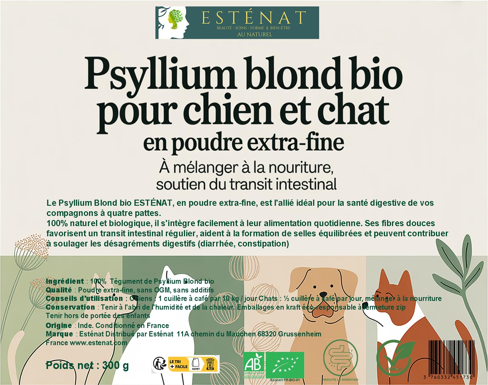 Psillio Biondo Bio in Polvere Extra Fine per Cani e Gatti, 300g – 100% Naturale – Supporto alla Digestione e al Transito Intestinale – Facile da miscolare al cibo – Esténat
