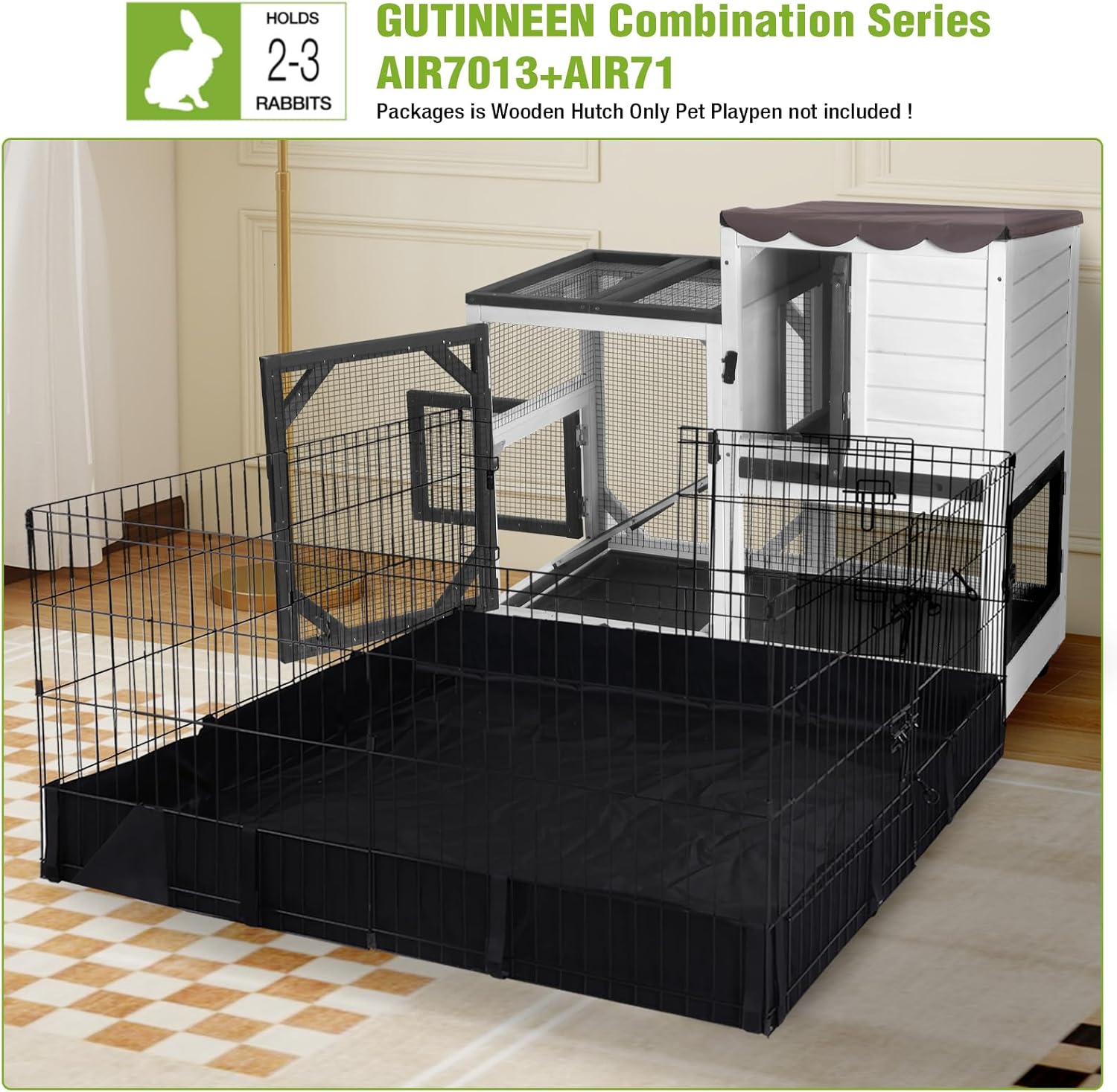 GUTINNEEN Rabbit Hutch Indoor Rabbit Cage with Wheels Outdoor Bunny House 2 Story Guinea Pig Cage with Leakproof Tarp Roof (White)