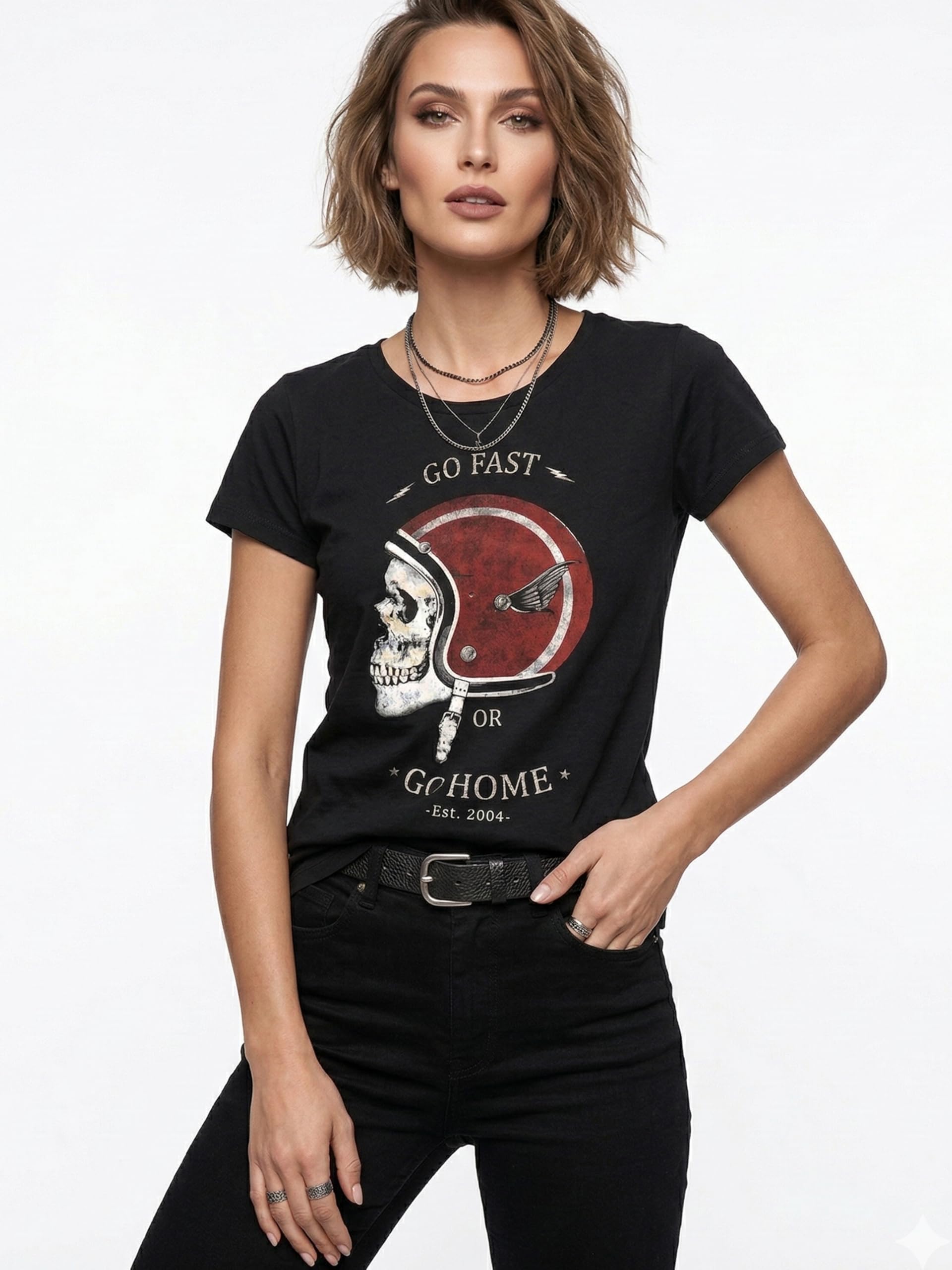 MAKAYA Magliette con Casco Motocross Teschio T-Shirt Moto Donna