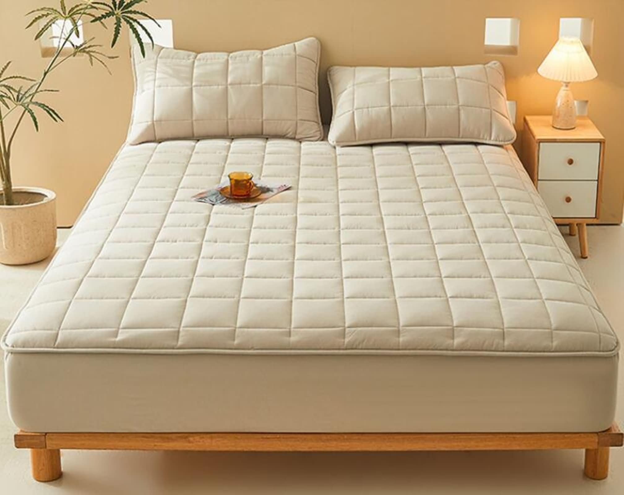 KnSam Drap Housse et 2 Taies d'oreiller - 150x200cm+30cm - Bonnet 30cm - Sable - Parure de Lit Coton & Velours Double Faces, Drap Housse Matelassé Doux et