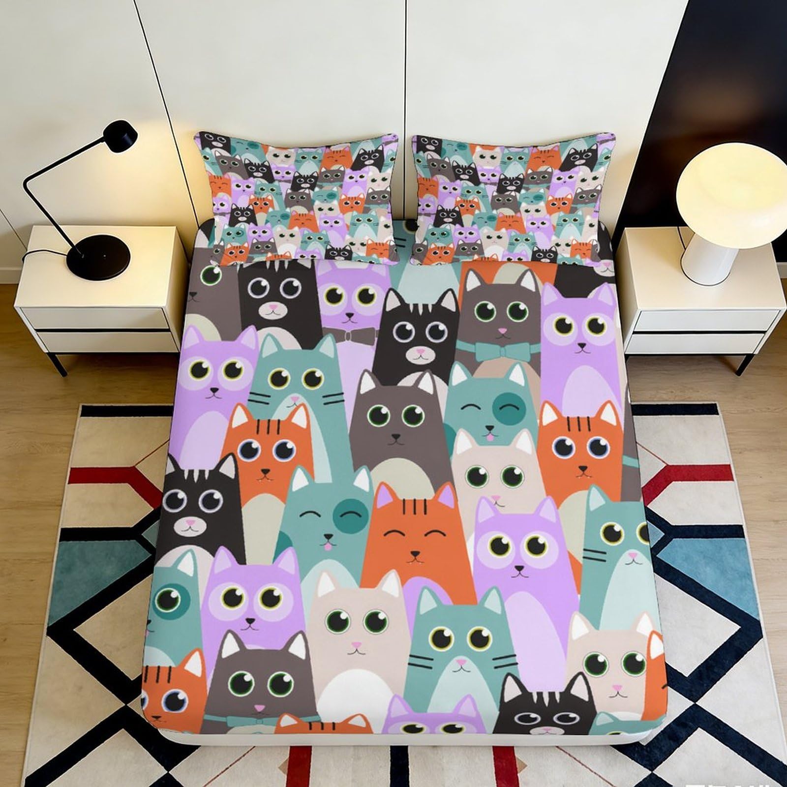 3D Printed Cartoon Cat Fitted Sheet Microfiber Soft Colorful Animal Bed Cover for Bedroom Dorm Guest Room Decor 90x200x25cm