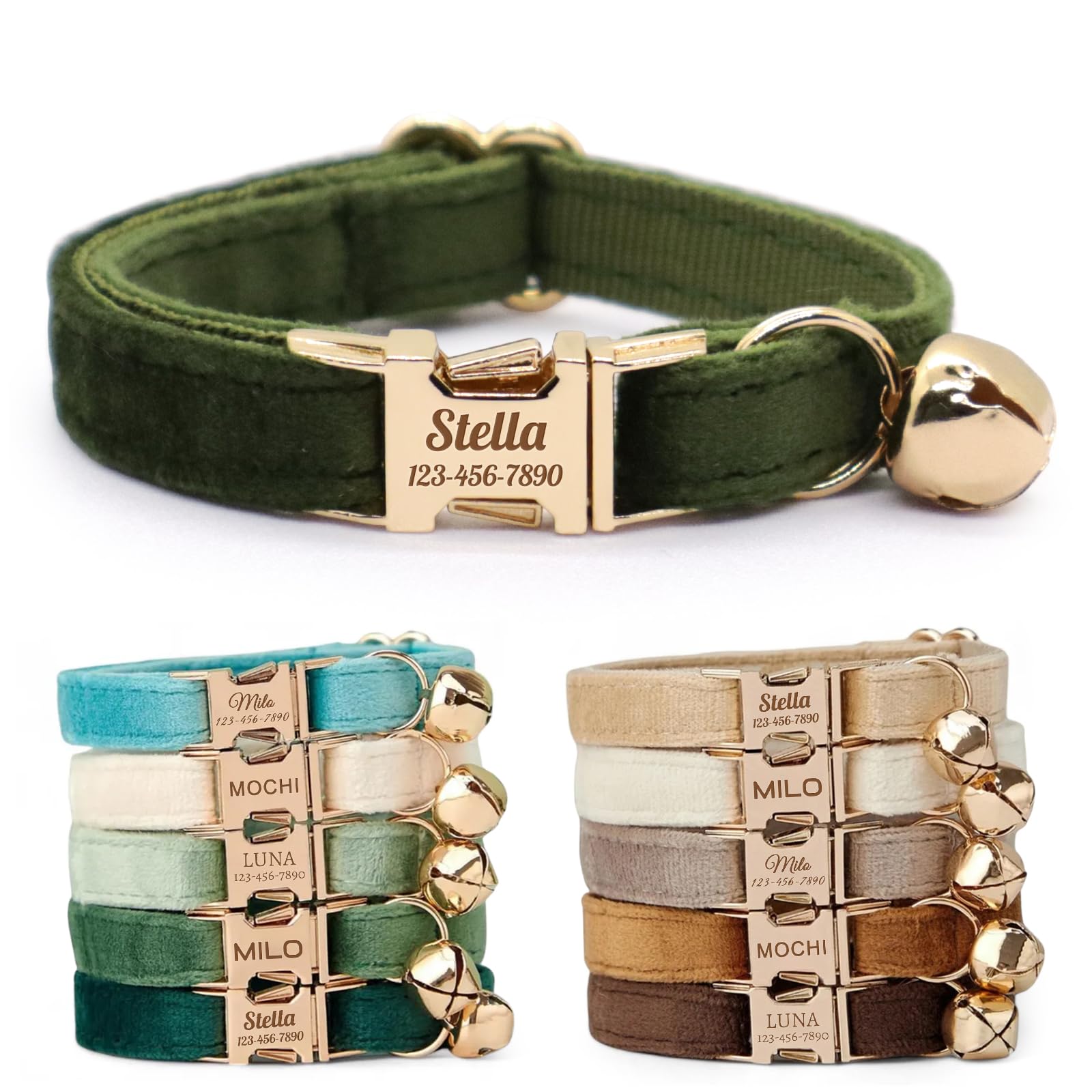CHRYMPETIC Non-Breakaway Velvet Personalised Cat Collar with Name - Customisable Collar with Bell & Bow Tie Available (Olive Green)