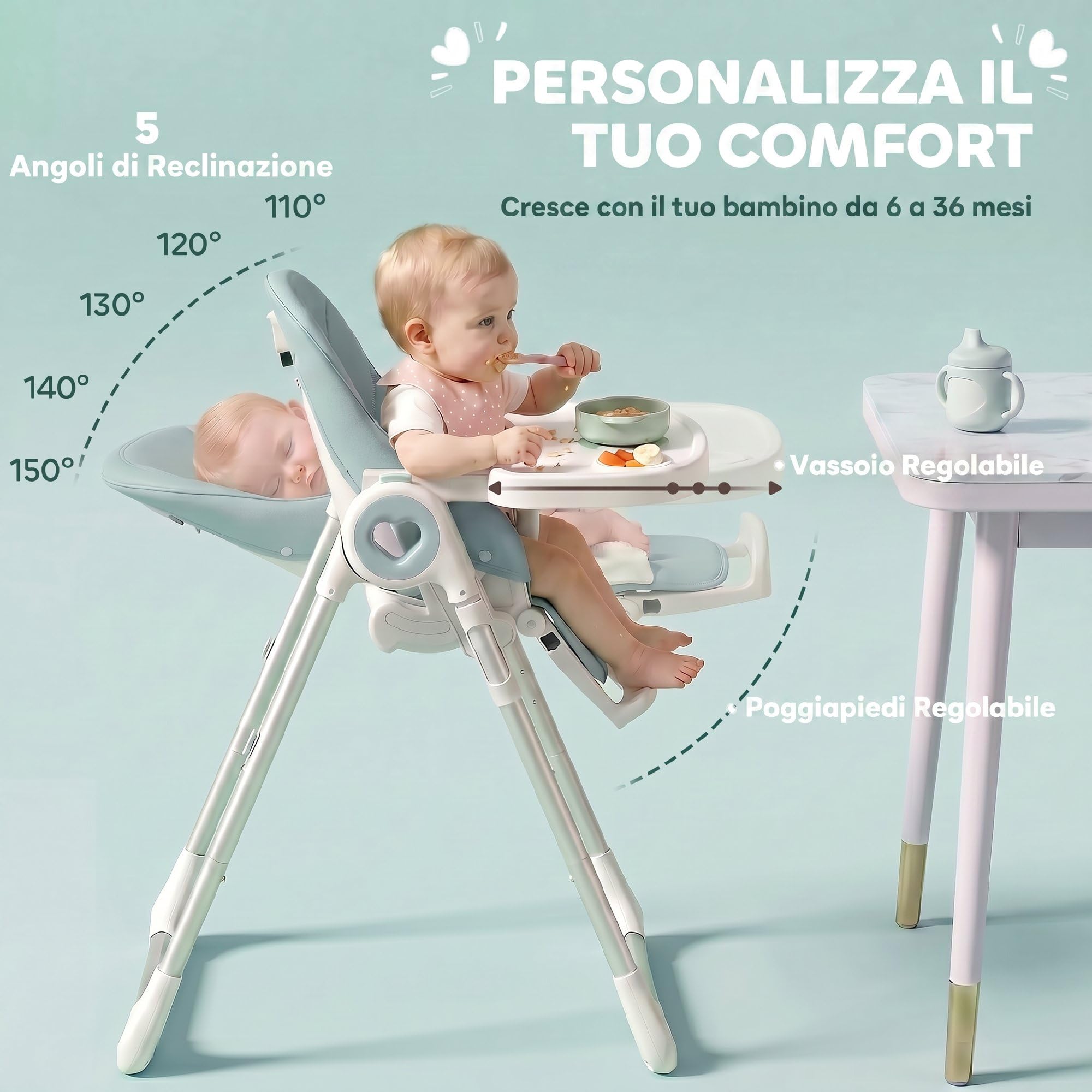 AIYAPLAY Seggiolone Pappa Evolutivo Bambini Pieghevole, 6-36Mesi/15kg Verde | Reclinabile, Altezza e Poggiapiedi Regolabile, Doppi Vassoio Lavabile e Regolabili, Ruote, Cintura 5 Punti