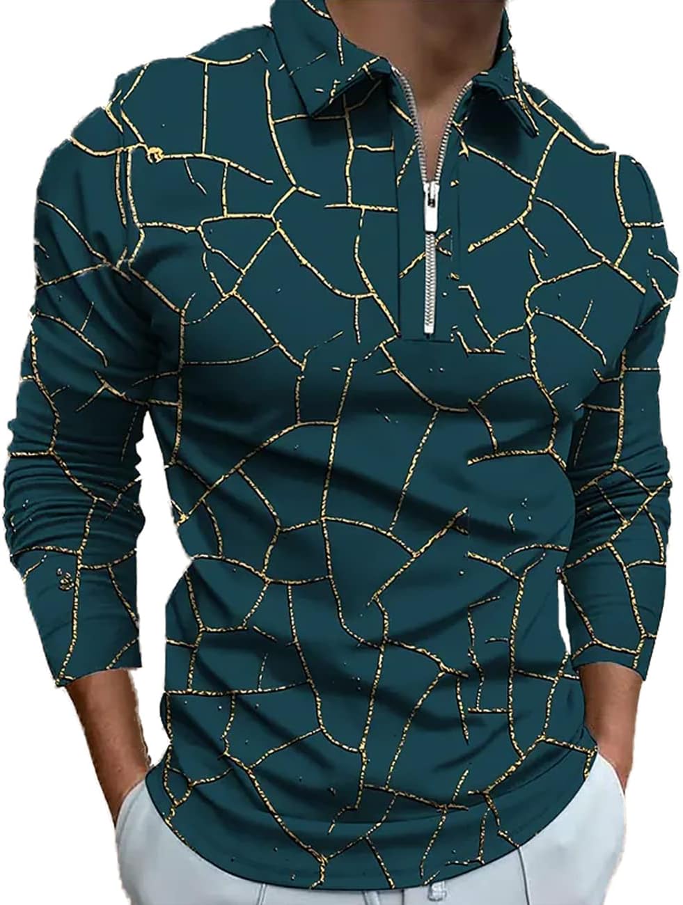 Mens Long Sleeve Polo Shirts Casual Zipper Printed Athletic Golf Tennis T-Shirt Tops