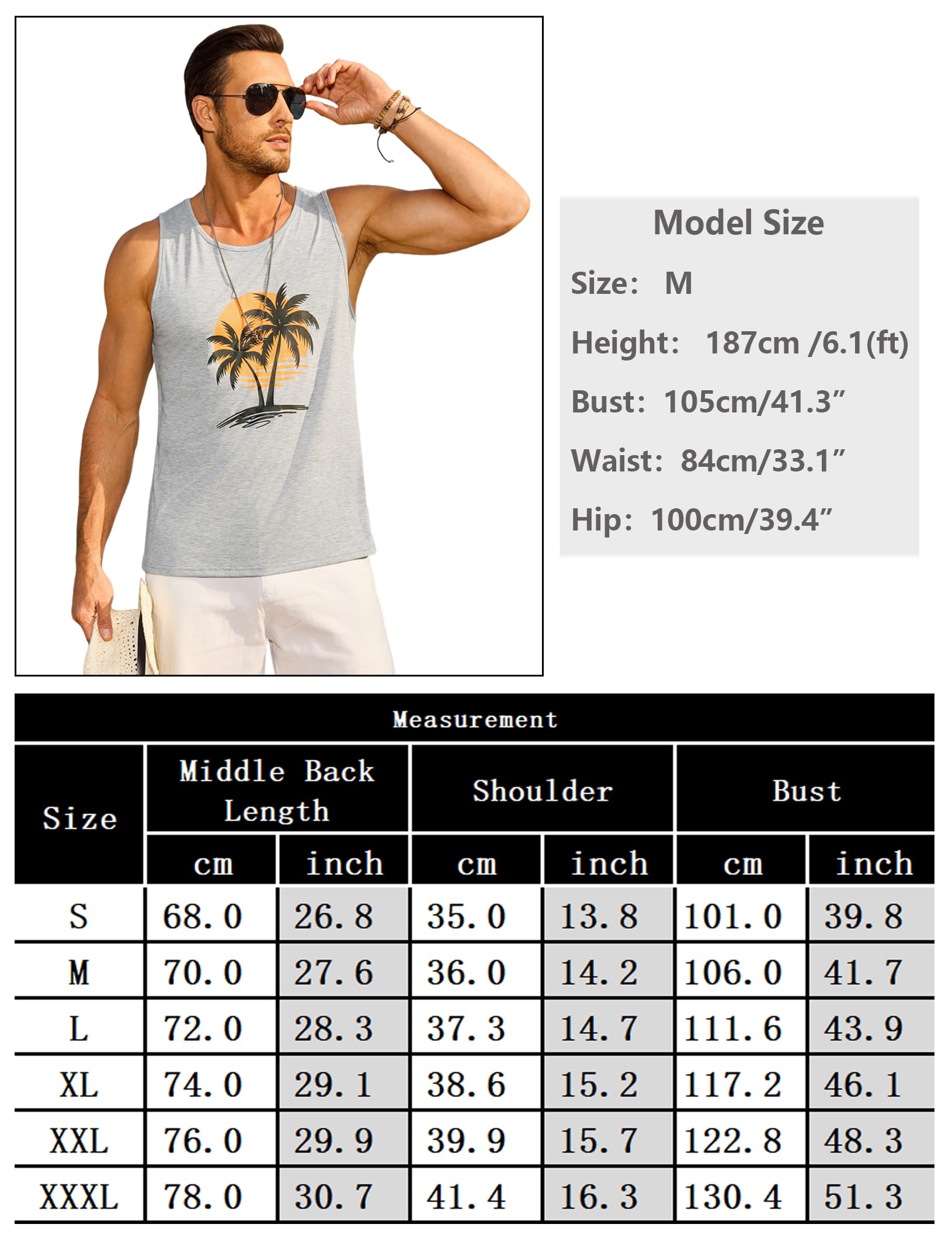Terecey Débardeur Homme Coton Été Tee Shirt sans Manche à Imprimé Palmier de Plage Hawaïenne Tank Top Homme Respirant Debardeur Gilet Gym Décontracté