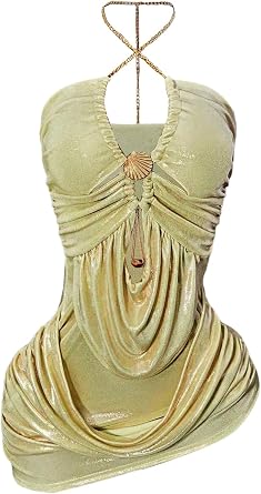Womens Ruched Halter Mini Dress Summer Chain Cut Out Bodycon Asymmetrical Party Club Dresses