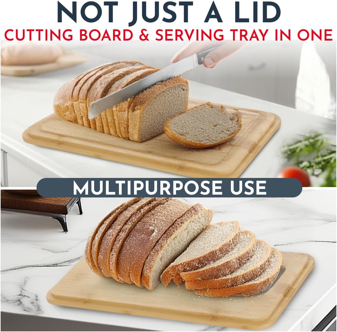 Culinary Couture White Bread Box for Kitchen Countertop with Bamboo Lid - Large BreadBox for Homemade Bread - Storage BreadBox with Cutting Board Lid